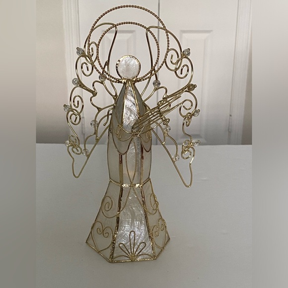 Vintage Capiz Shell Christmas Angel with Wings Playing Harp Gold Metal Crystals - Picture 14 of 16